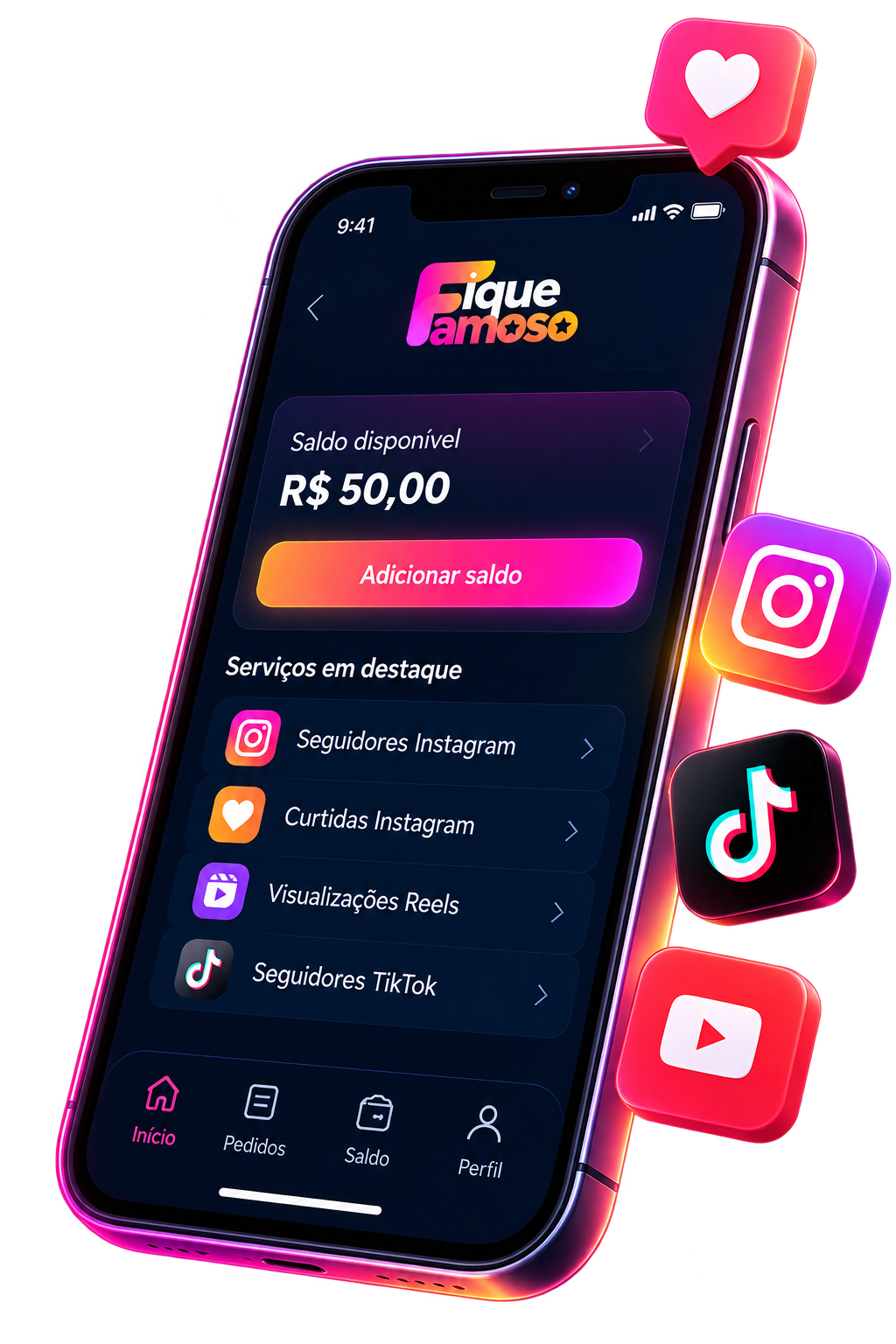 Fique Famoso: saldo e serviços de redes sociais