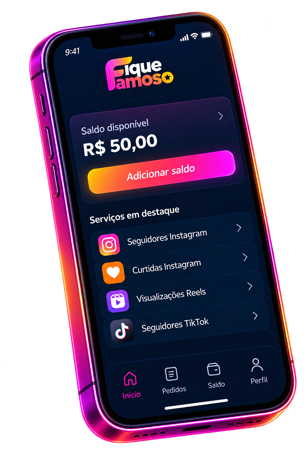 Painel Fique Famoso com saldo e serviços em destaque